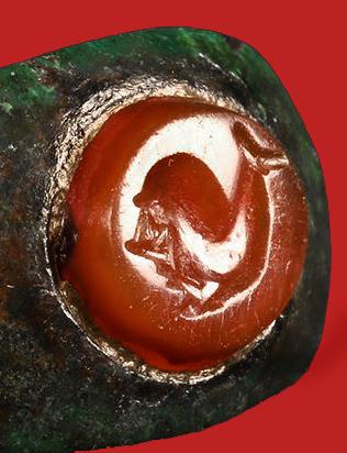 An Absolutely Beautiful Original 2nd Century Imperial Roman Officer or Noble's Carved Intaglio, Carnelian Gem Stone, Status Seal Ring, Depicting a Dolphin. Originally Worn in the Roman Empire's of Trajan to Commodus