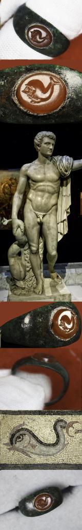 An Absolutely Beautiful Original 2nd Century Imperial Roman Officer or Noble's Carved Intaglio, Carnelian Gem Stone, Status Seal Ring, Depicting a Dolphin. Originally Worn in the Roman Empire's of Trajan to Commodus