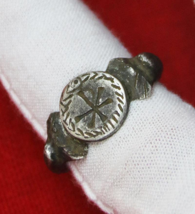 A Stunning Rarity, A Solid Silver Roman Military Ring, Possibly of a Tribune or Legatus, or Even the Personal Guard of the Emperor Contantine Ist, of the Roman Empire. Engraved with the Personal Wreathed Labarum Standard of Constantine the Great