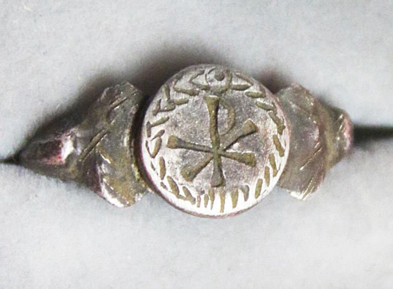 A Stunning Rarity, A Solid Silver Roman Military Ring, Possibly of a Tribune or Legatus, or Even the Personal Guard of the Emperor Contantine Ist, of the Roman Empire. Engraved with the Personal Wreathed Labarum Standard of Constantine the Great
