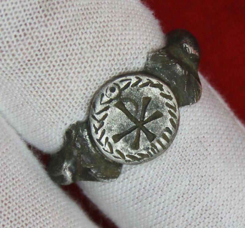 A Stunning Rarity, A Solid Silver Roman Military Ring, Possibly of a Tribune or Legatus, or Even the Personal Guard of the Emperor Contantine Ist, of the Roman Empire. Engraved with the Personal Wreathed Labarum Standard of Constantine the Great