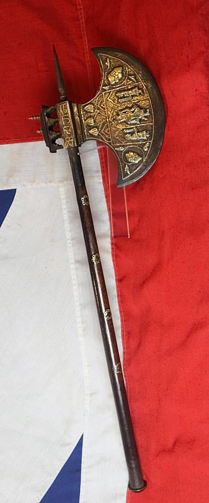 A Large Antique Indian Ceremonial Steel Tabar Axe Inlaid in Brass, Copper & Gilt With Scene of Krishna & Temple Decor