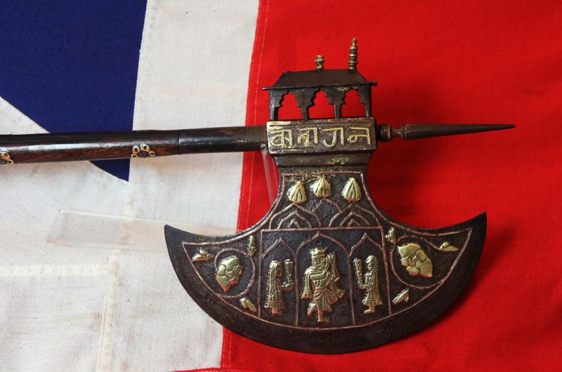 A Large Antique Indian Ceremonial Steel Tabar Axe Inlaid in Brass, Copper & Gilt With Scene of Krishna & Temple Decor