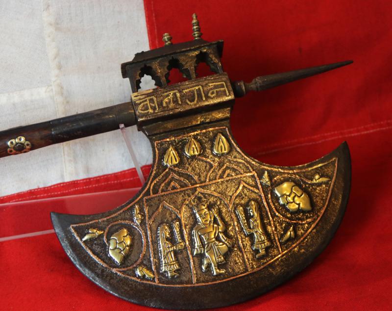 A Large Antique Indian Ceremonial Steel Tabar Axe Inlaid in Brass, Copper & Gilt With Scene of Krishna & Temple Decor