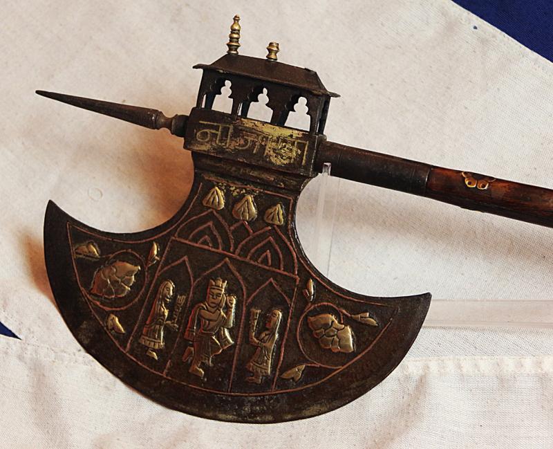 A Large Antique Indian Ceremonial Steel Tabar Axe Inlaid in Brass, Copper & Gilt With Scene of Krishna & Temple Decor