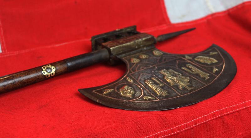 A Large Antique Indian Ceremonial Steel Tabar Axe Inlaid in Brass, Copper & Gilt With Scene of Krishna & Temple Decor