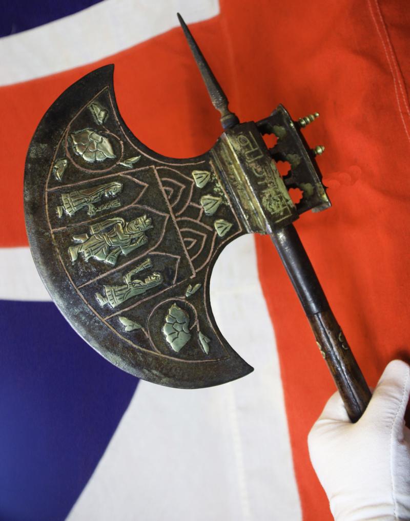 A Large Antique Indian Ceremonial Steel Tabar Axe Inlaid in Brass, Copper & Gilt With Scene of Krishna & Temple Decor