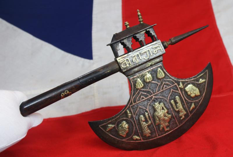 A Large Antique Indian Ceremonial Steel Tabar Axe Inlaid in Brass, Copper & Gilt With Scene of Krishna & Temple Decor