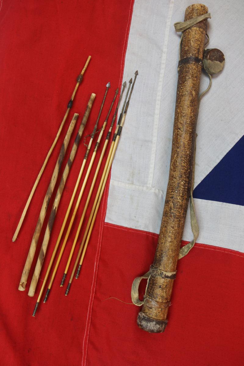 African Bushman’s Tribal Poison Arrows and Tree Branch Leather Capped Quiver & Poison Stick