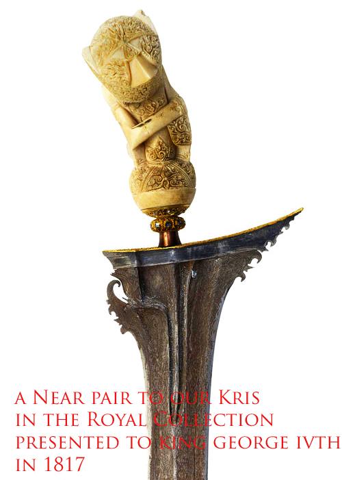 An Absolutely Stunning & Beautiful Carved Sea Ivory Royal Hilted Keris From Palembang, Sumatra 18th Century, Meteorite Blade. A Near Pair To An Example In The Royal Collection Presented To King George IVth in 1817, When He Was The Prince Regent