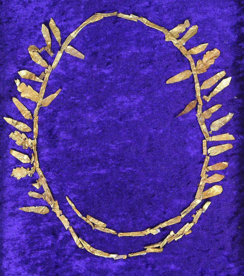 A Magnificent Ancient Greek Wreath of Victory, A Crown of Hammered Gold. From the Era of Alexander The Great. Circa 300 BC. Now Re-Assembled For Our Display