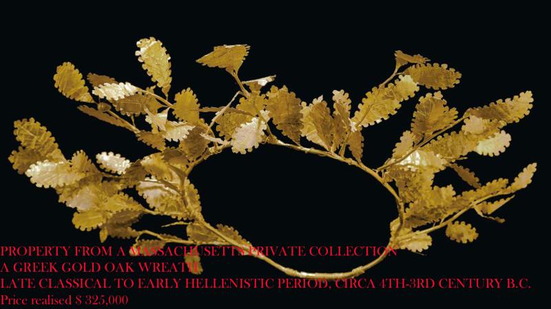 A Magnificent Ancient Greek Wreath of Victory, A Crown of Hammered Gold. From the Era of Alexander The Great. Circa 300 BC. Now Re-Assembled For Our Display