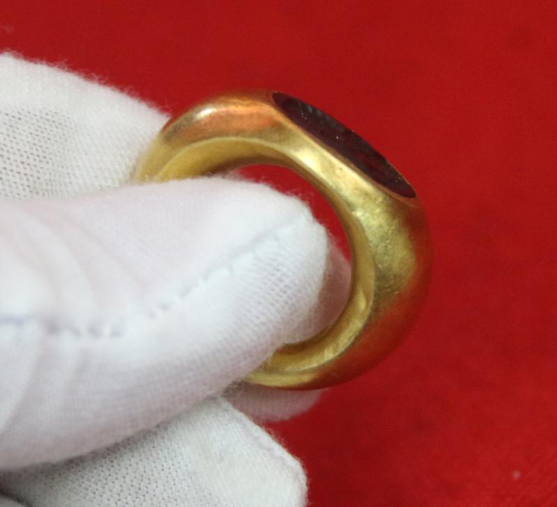 A Simply Stunning Ancient Roman Museum Grade Fine Gold Seal Ring with Intaglio Portrait Engraved Garnet Gem Stone 2nd to 3rd Century A.D. Likely a Depiction of an Emperor Such As Hadrian, Marcus Aurelius, Lucius Verus, or Even A Parthian Vassal King.