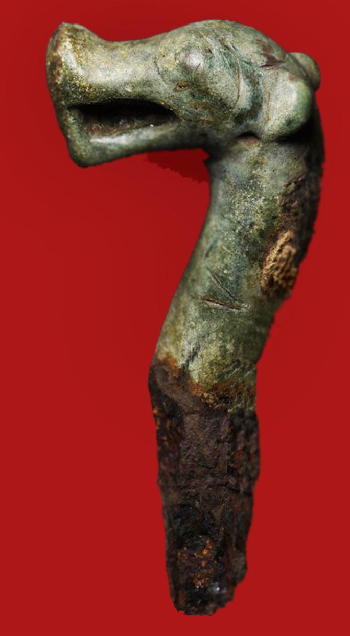 An Extraordinary, 1100 to 1200 year old, Original, Ancient Viking Draken Head Staff Mount. A Knob of a Staff or Wand of Magic, Used By A Völva, a Sorcerer or Sorceress of Seiđr. A Seiðstafr, The Staff of Power in Viking Occult & Magick