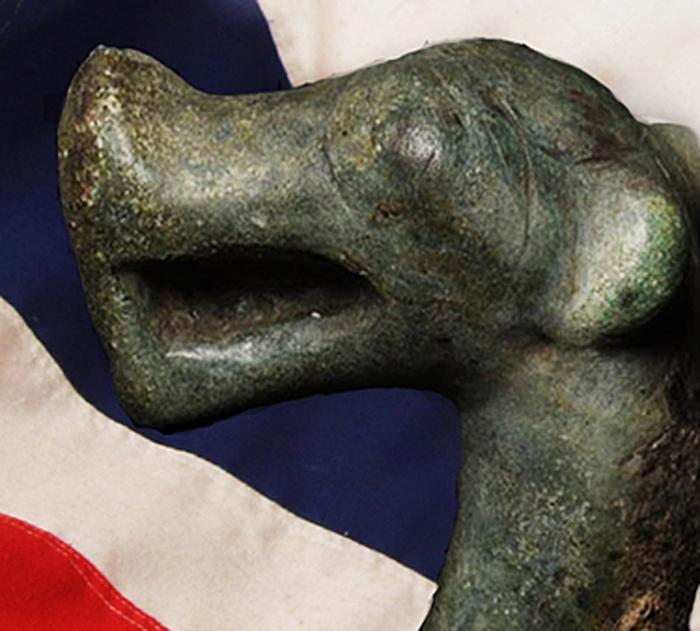 An Extraordinary, 1100 to 1200 year old, Original, Ancient Viking Draken Head Staff Mount. A Knob of a Staff or Wand of Magic, Used By A Völva, a Sorcerer or Sorceress of Seiđr. A Seiðstafr, The Staff of Power in Viking Occult & Magick