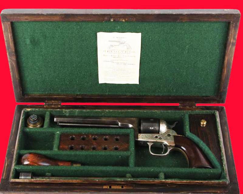 A Fine & Exceedingly Handsome US Civil War Moore 7 Shot Belt Revolver With Original New York Factory Engraving. Later Cased With Tools