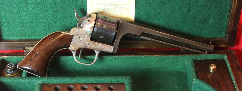 A Fine & Exceedingly Handsome US Civil War Moore 7 Shot Belt Revolver With Original New York Factory Engraving. Later Cased With Tools