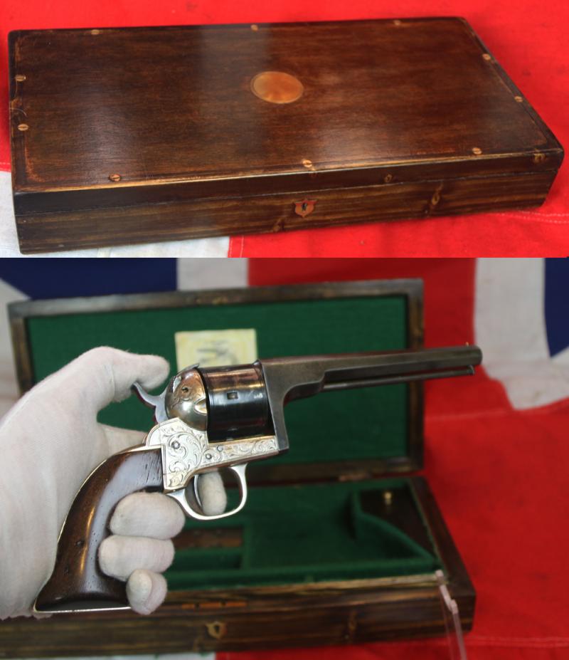 A Fine & Exceedingly Handsome US Civil War Moore 7 Shot Belt Revolver With Original New York Factory Engraving. Later Cased With Tools