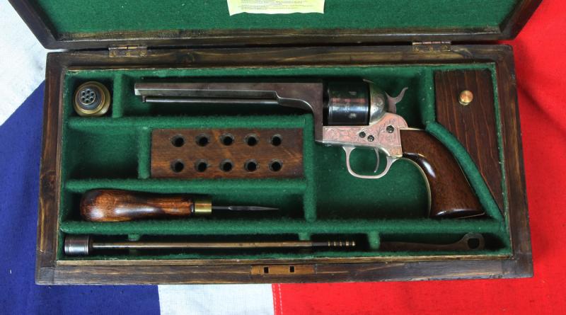 A Fine & Exceedingly Handsome US Civil War Moore 7 Shot Belt Revolver With Original New York Factory Engraving. Later Cased With Tools