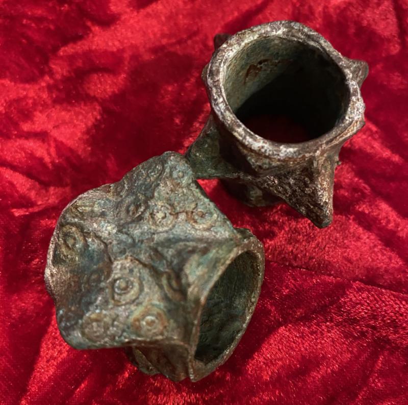 A Rare Pair of 14th- 15th Century Medeavil Bronze Winged Polygonal 'Raven's Head' Mace Heads Likely Twin Headed Flail Mace, Mongol Invasion Period to Vlad 'The Impaler' Dracul’s Knight’s Order of The Dragon Period