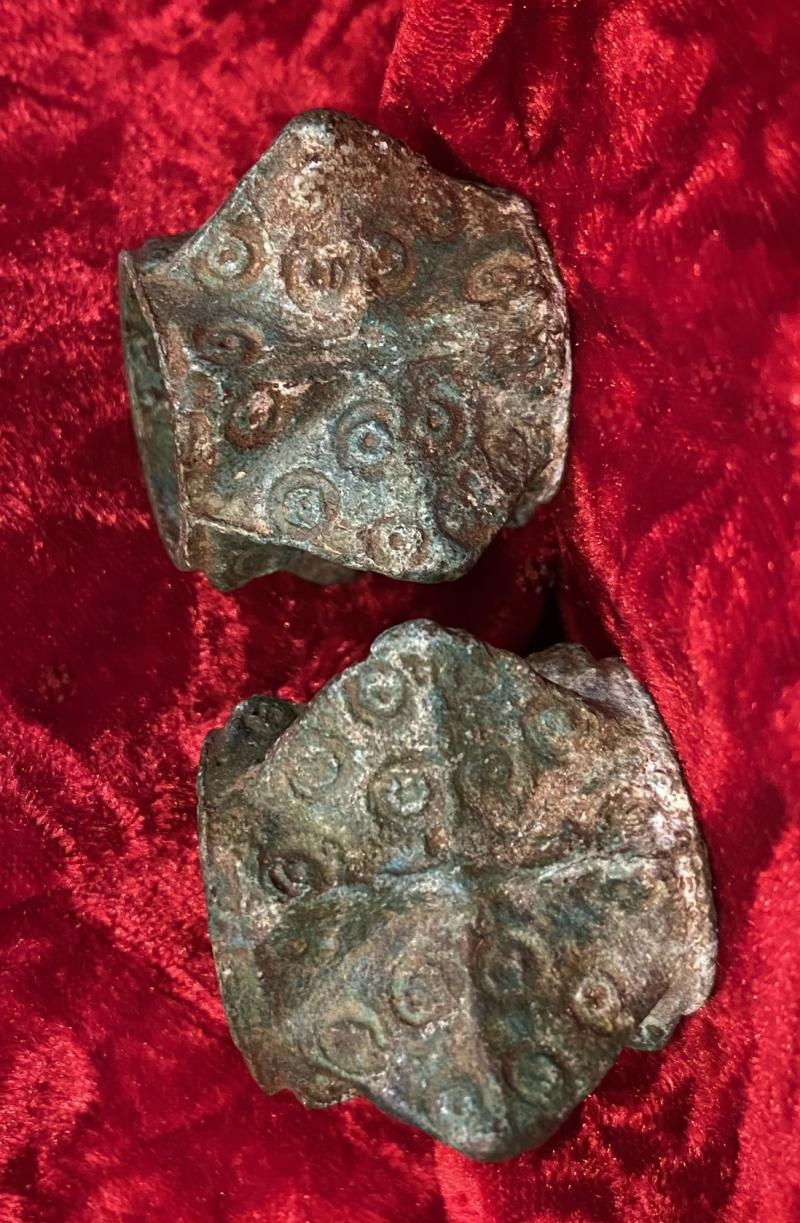 A Rare Pair of 14th- 15th Century Medeavil Bronze Winged Polygonal 'Raven's Head' Mace Heads Likely Twin Headed Flail Mace, Mongol Invasion Period to Vlad 'The Impaler' Dracul’s Knight’s Order of The Dragon Period