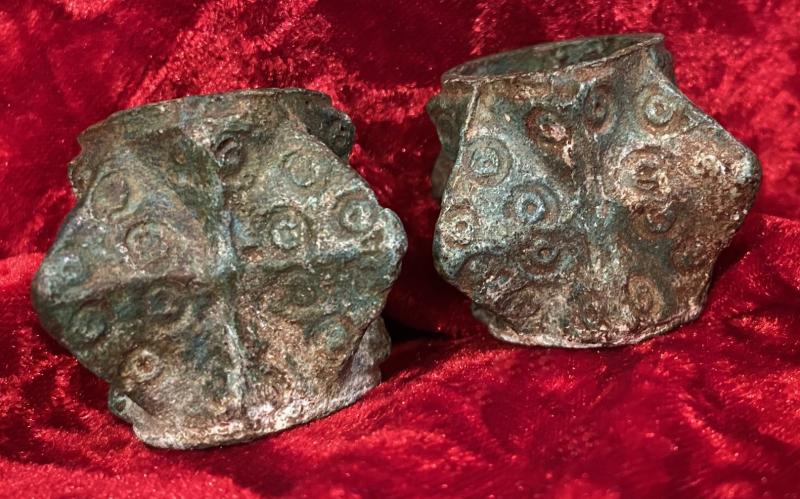 A Rare Pair of 14th- 15th Century Medeavil Bronze Winged Polygonal 'Raven's Head' Mace Heads Likely Twin Headed Flail Mace, Mongol Invasion Period to Vlad 'The Impaler' Dracul’s Knight’s Order of The Dragon Period