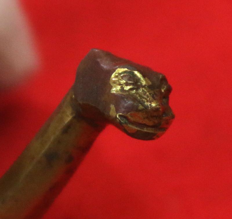 A Superb Ancient Chinese Warring States Period 480-222bc Gold & Bronze Chariot Crossbow Mount in Gold with Tiger Head Finial