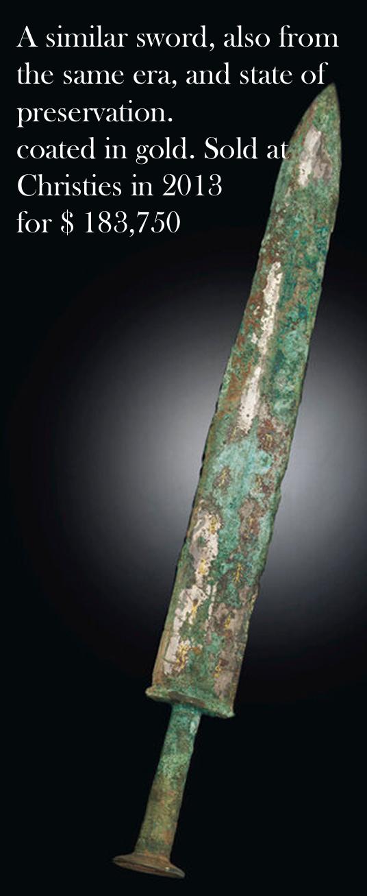 Rare, Archaic Chinese Warrior Prince's Bronze Jian Sword, Overlaid With Gold, Auspicious Metal, Around 2,400 to 2,600 Years Old, From the Zhou Dynasty to the Chin Dynasty, Including the Period of Sun-Tzu'. Likely of The Kingdom of Yue