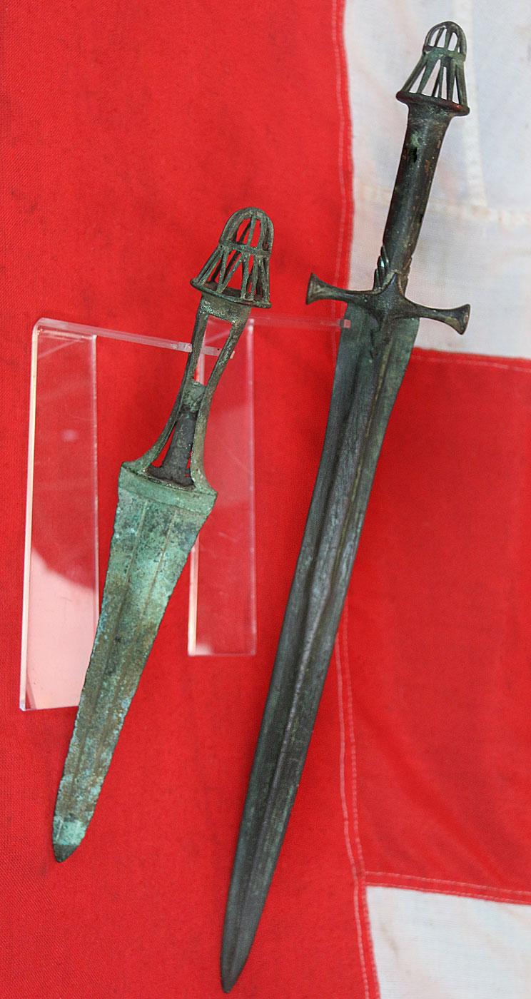 A Beautiful Matched Pair of An Ancient Bronze Sword and Dagger With Pierced Bird Cage Pommels. From The Era of the Ancient Greco-Persian Wars