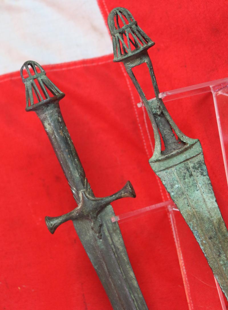 A Beautiful Matched Pair of An Ancient Bronze Sword and Dagger With Pierced Bird Cage Pommels. From The Era of the Ancient Greco-Persian Wars