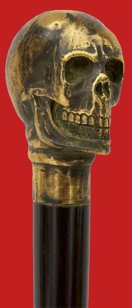 An Imposing & Elegant ‘Morituri’ Walking Cane Combination ‘Bartitsu’ Club Stick, Cast Bronze Skull With & Sophisticated Ebony Stick & Carved Bone Ferrul. Once A Most Essential Accessory For the Gentleman About Town.