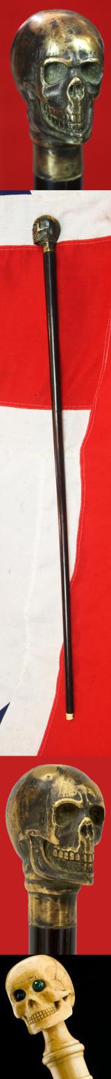 An Imposing & Elegant ‘Morituri’ Walking Cane Combination ‘Bartitsu’ Club Stick, Cast Bronze Skull With & Sophisticated Ebony Stick & Carved Bone Ferrul. Once A Most Essential Accessory For the Gentleman About Town.