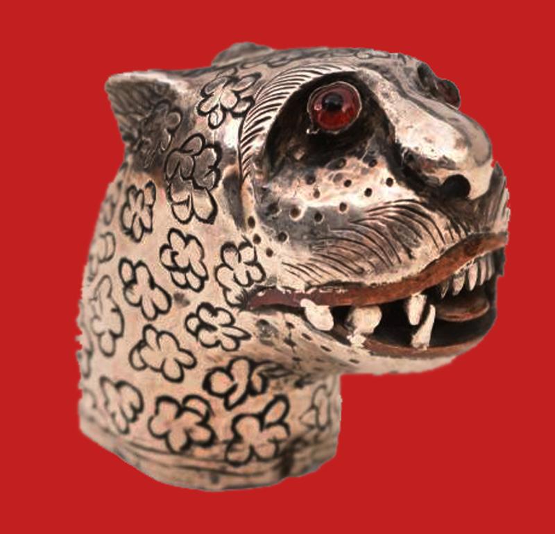 A Stunning, Indian Tiger Head, of 'Tipu Sultan' Form, Dagger's Pommel, The Tiger of Mysore, in Silver and Copper With Gem Stone Eyes