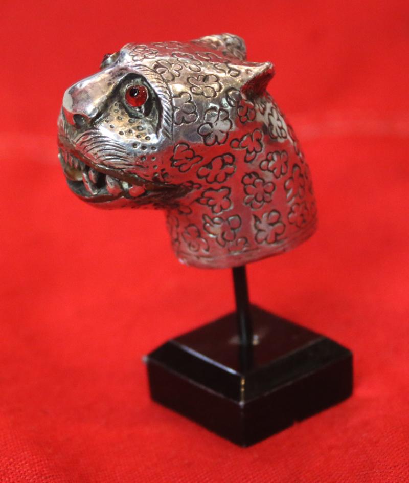 A Stunning, Indian Tiger Head, of 'Tipu Sultan' Form, Dagger's Pommel, The Tiger of Mysore, in Silver and Copper With Gem Stone Eyes