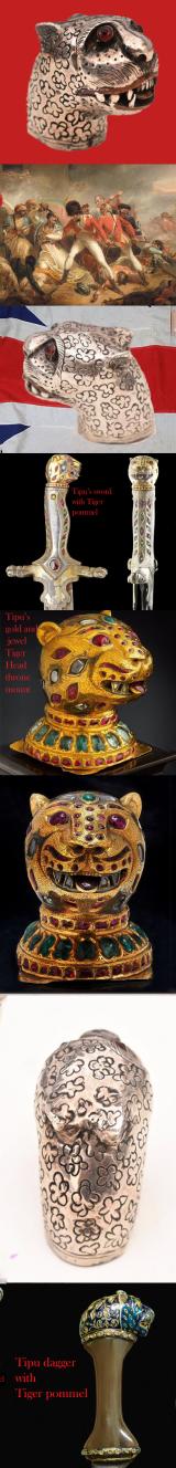 A Stunning, Indian Tiger Head, of 'Tipu Sultan' Form, Dagger's Pommel, The Tiger of Mysore, in Silver and Copper With Gem Stone Eyes