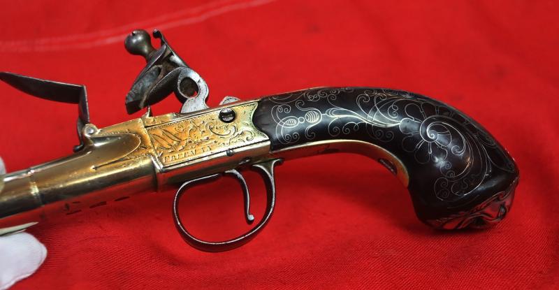 A Most Beautiful & Exemplary Work of Art. A Very Fine Large Long Barrel Boxlock Flintlock Brass Cannon Barrel Blunderbuss Pistol Circa 1730 by Renown Maker John Freeman of London