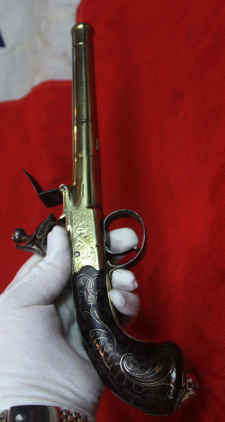 A Most Beautiful & Exemplary Work of Art. A Very Fine Large Long Barrel Boxlock Flintlock Brass Cannon Barrel Blunderbuss Pistol Circa 1730 by Renown Maker John Freeman of London