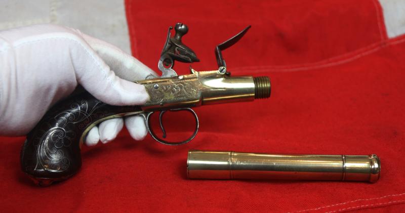 A Most Beautiful & Exemplary Work of Art. A Very Fine Large Long Barrel Boxlock Flintlock Brass Cannon Barrel Blunderbuss Pistol Circa 1730 by Renown Maker John Freeman of London