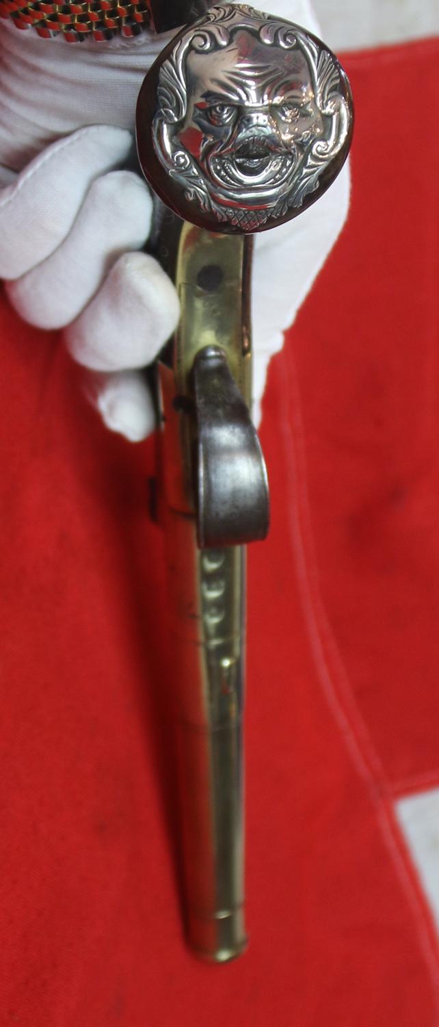 A Most Beautiful & Exemplary Work of Art. A Very Fine Large Long Barrel Boxlock Flintlock Brass Cannon Barrel Blunderbuss Pistol Circa 1730 by Renown Maker John Freeman of London