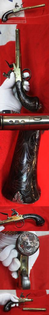 A Most Beautiful & Exemplary Work of Art. A Very Fine Large Long Barrel Boxlock Flintlock Brass Cannon Barrel Blunderbuss Pistol Circa 1730 by Renown Maker John Freeman of London