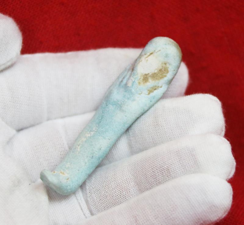 An Original Ancient Egyptian Shabti, The Afterlife Servant of The Mummy, Partial Blue-Glazed Faience 664 to 332 BC