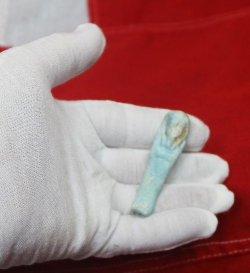 An Original Ancient Egyptian Shabti, The Afterlife Servant of The Mummy, Partial Blue-Glazed Faience 664 to 332 BC