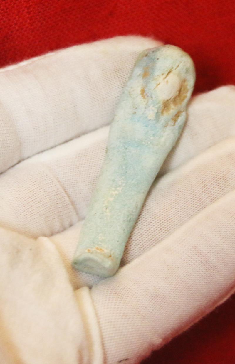 An Original Ancient Egyptian Shabti, The Afterlife Servant of The Mummy, Partial Blue-Glazed Faience 664 to 332 BC