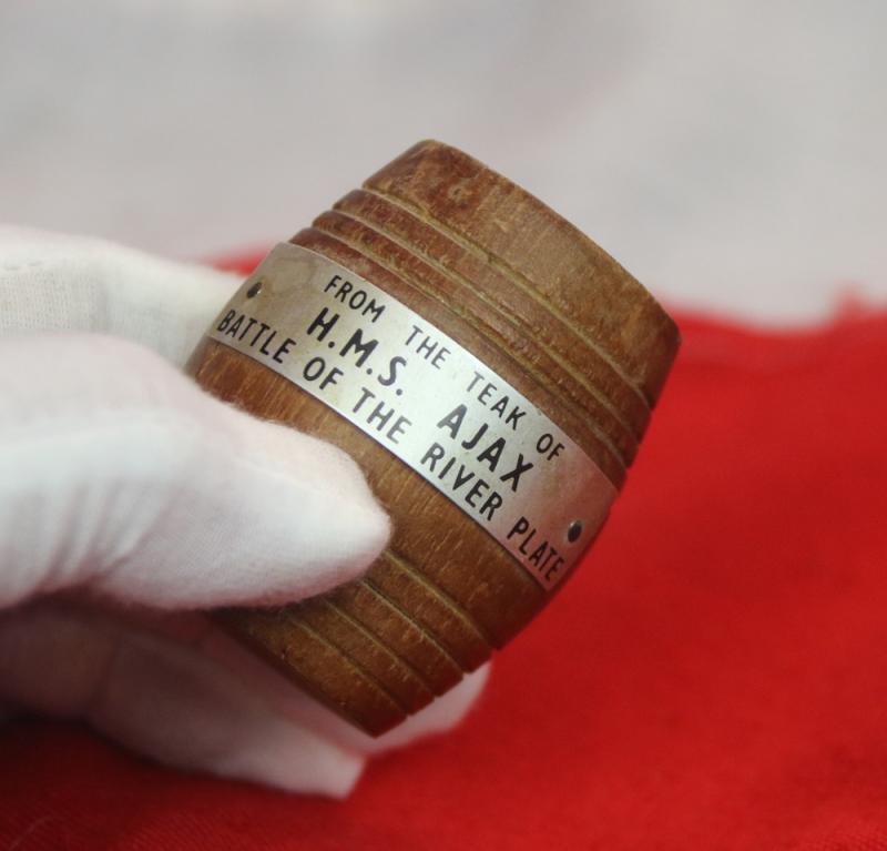 Battle of the River Plate, HMS Ajax Miniature Wooden Barrel Made From Teak from the Ship