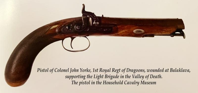 A Fabulous Quality Crimean War Cavalry Officer's Pistol of Carbine Bore, Damascus Barrel with Paget Style Captive Ramrod. Near Identical to the Pistol of Colonel John Yorke, 1st Royal Regt of Dragoons,.