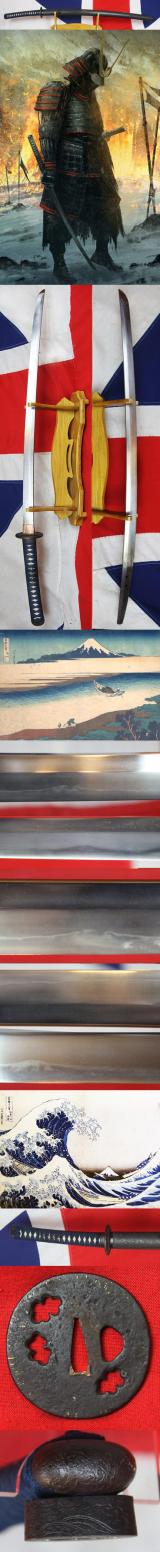 A Superb Nobukuni 信国 Signed Mount Fuji Shinto Samurai Katana, Circa 1670, Signed on The Nakago Nobukuni Saku, With Mount Fuji Hamon and The Wave Fuchi Kashira.