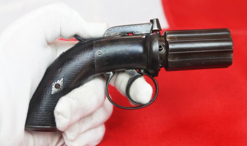 A Superb Pocket Sized 'Pepperbox' Derringer Revolver Six Shot Pistol Circa 1840, With Most Rare Sliding Hammer Safety Mechanism