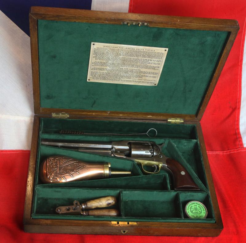 An Original US Civil War Remington New Model Army Revolver With Later Bespoke Antique Fitted Case, Flask & Tools. One Of the Most Iconic Revolvers Used During The US Civil War & Wild West Era.
