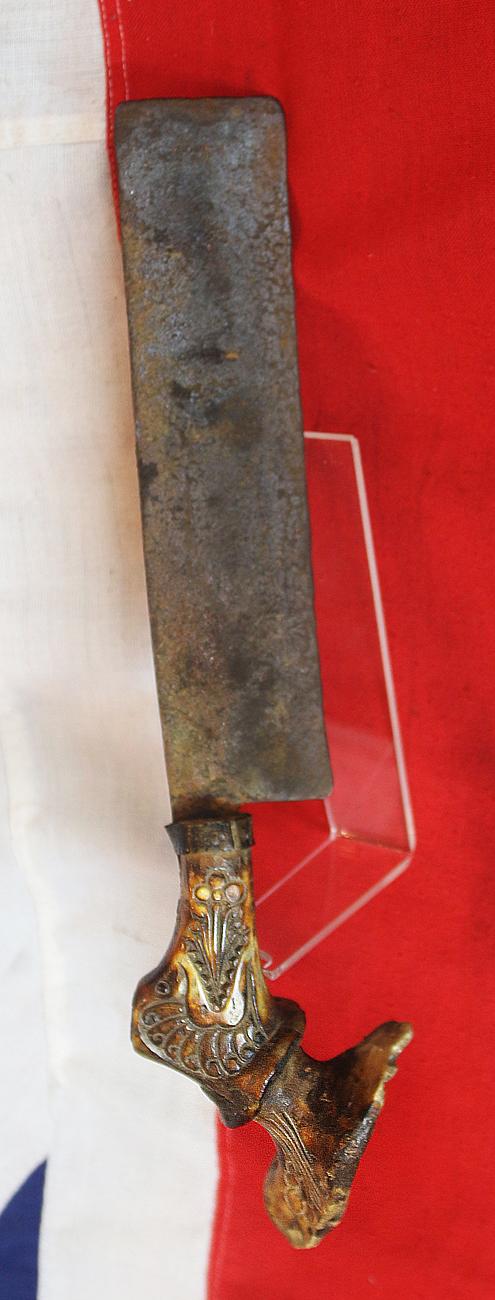 A Most Intriguing, Early, Wide Bladed Mayan or Aztec Form Sacrificial Knife, Beautifully Carved Head of Possibly Vucub Caquix or Quetzalcoatl The Wind Spouting God, Upon the Stag-Horn Hilt