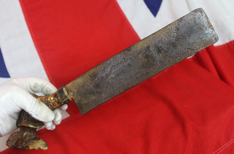 A Most Intriguing, Early, Wide Bladed Mayan or Aztec Form Sacrificial Knife, Beautifully Carved Head of Possibly Vucub Caquix or Quetzalcoatl The Wind Spouting God, Upon the Stag-Horn Hilt